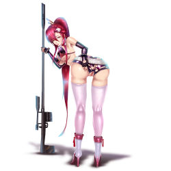 Rule 34 | 00s, 1girl, anti-materiel rifle, ass, astdevir, boots, bra, breasts, brown eyes, elbow gloves, female focus, fingerless gloves, gloves, gun, hair ornament, high heel boots, high heels, highres, large breasts, long hair, looking at viewer, looking back, pink thighhighs, ponytail, pussy, red hair, rifle, shiny skin, short shorts, shorts, simple background, sniper rifle, solo, standing, tengen toppa gurren lagann, thighhighs, torn clothes, torn shorts, underwear, weapon, white background, yoko littner