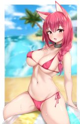 Rule 34 | 1girl, :d, absurdres, animal ears, azur lane, bare arms, bare shoulders, beach, bikini, blurry, blurry background, blush, border, braid, breasts, cameltoe, cat ears, chiyoda (azur lane), chiyoda (shimmering surf) (azur lane), cleft of venus, collar, collarbone, covered erect nipples, day, depth of field, hair over shoulder, hair ribbon, highres, large breasts, lomocya, long hair, looking at viewer, micro bikini, navel, ocean, open mouth, outdoors, outside border, palm tree, pink bikini, pink hair, red eyes, ribbon, side-tie bikini bottom, single braid, sitting, skindentation, smile, solo, stomach, straddling, strap gap, swimsuit, thighs, tree, underboob, white border, white ribbon