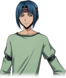 Rule 34 | 1boy, armband, artist request, blue hair, closed mouth, code geass, code geass: lost stories, collarbone, cropped torso, game cg, green shirt, hair intakes, hands on own hips, headband, long sleeves, looking at viewer, male focus, non-web source, official art, orange eyes, purple headband, shirt, short hair, sidelocks, simple background, solo, standing, sugiyama kento, transparent background, upper body