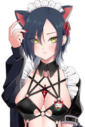 Rule 34 | 1girl, animal ear fluff, animal ears, areola slip, azur lane, bikini, bikini top only, bikini under clothes, black bikini, black coat, black hair, blush, bow, breast strap, breasts, cat day, cat ears, cleavage, closed mouth, coat, collarbone, commentary request, detached collar, ear ribbon, hair between eyes, hair ornament, hair over one eye, hand up, highres, kemonomimi mode, long sleeves, looking at viewer, maid, maid bikini, maid headdress, medium breasts, multicolored hair, nail polish, name tag, o-ring, o-ring top, off shoulder, official alternate costume, partial commentary, piercing, puffy short sleeves, puffy sleeves, red nails, red ribbon, ribbon, short hair, short sleeves, sidelocks, simple background, solo, standing, stomach, swimsuit, ulrich von hutten (azur lane), ulrich von hutten (mayhem maid) (azur lane), unconventional maid, upper body, white background, white hair, yellow eyes, yomogi dango