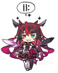 Rule 34 | 1girl, blue eyes, blush, chibi, detached sleeves, detached wings, dress, duplicate, heterochromia, hololive, hololive english, irys (hololive), irys (irys 1.0) (hololive), itsuki tasuku, open hands, parted lips, pixel-perfect duplicate, pointy ears, red eyes, single thighhigh, smile, solo, speech bubble, thighhighs, virtual youtuber, white dress, wings