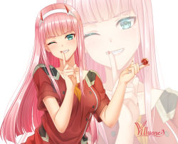 Rule 34 | 1girl, artist name, blue eyes, blunt bangs, breasts, candy, collarbone, commentary, darling in the franxx, finger to mouth, food, grin, hairband, hands up, holding, holding candy, holding food, holding lollipop, horns, jacket, lollipop, long hair, medium breasts, nail polish, one eye closed, pink hair, red jacket, red nails, short sleeves, shushing, signature, simple background, smile, solo, upper body, very long hair, villyane, white background, white hairband, zero two (darling in the franxx), zoom layer