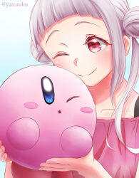 Rule 34 | 1girl, ;), ;o, arashi chisato, blue eyes, blush stickers, commentary, crossover, double bun, fingernails, gradient background, hair bun, highres, holding, kirby, kirby (series), blue background, looking at another, love live!, love live! superstar!!, nintendo, one eye closed, pink eyes, pink shirt, shirt, short bangs, single sidelock, smile, split mouth, tareme, twitter username, upper body, white hair, yatoroku
