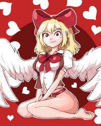 Rule 34 | 1girl, aksawshin, angel wings, ass, bare legs, barefoot, belt, blonde hair, bow, bowtie, dress, gengetsu (touhou), hair bow, hat, heart, highres, lips, long hair, long sleeves, maid headdress, mole, mole under eye, navel, no panties, no pants, open clothes, red background, red bow, red eyes, ribbon, short hair, slit pupils, smile, solo, touhou, vest, wings