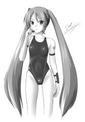 Rule 34 | covered erect nipples, greyscale, hatsune miku, long hair, monochrome, one-piece swimsuit, solo, swimsuit, tk4, twintails, very long hair, vocaloid