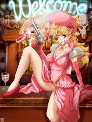 Rule 34 | 1girl, alcohol, annie (wild guns), bar (place), blonde hair, blue eyes, bottle, breasts, bridal gauntlets, cleavage, cowboy western, cup, detached sleeves, dress, drinking glass, elbow gloves, female focus, female pubic hair, flower, gloves, gun, hair flower, hair ornament, handgun, hat, heart, high heels, highres, hmage, indoors, jewelry, leg up, legs, light smile, lipstick, long hair, looking at viewer, makeup, natsume, necklace, neon lights, no panties, one eye closed, panties, unworn panties, pink dress, pink footwear, pink gloves, pink panties, pistol, presenting, pubic hair, pussy, revolver, saloon, shoes, shoulder pads, sitting, smile, solo, thong, trigger discipline, uncensored, underwear, watermark, weapon, wild guns, wine glass, wink