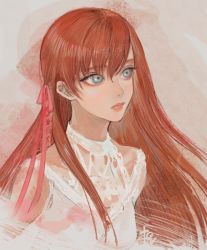 Rule 34 | 1girl, blue eyes, closed mouth, commentary, dress, final fantasy, final fantasy xiv, grey background, hair ribbon, hyur, kanmay, lips, long hair, looking away, orange hair, pink ribbon, ribbon, ryne waters, solo, symbol-only commentary, upper body, white dress