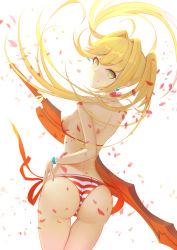 Rule 34 | 1girl, aestus estus, ahoge, ass, back, bikini, blonde hair, breasts, cowboy shot, earrings, fate/grand order, fate (series), floating hair, from behind, green eyes, hair intakes, halterneck, highres, holding, holding sword, holding weapon, jewelry, long hair, looking at viewer, looking back, medium breasts, nero claudius (fate), nero claudius (fate) (all), nero claudius (swimsuit caster) (fate), ocarino, petals, revision, side-tie bikini bottom, sideboob, smile, solo, striped bikini, striped clothes, swimsuit, sword, thigh gap, thong, twintails, very long hair, weapon