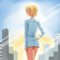 Rule 34 | 10s, 1girl, ass, blonde hair, blush, bottomless, from behind, hand on own hip, katawa shoujo, looking at viewer, looking back, red eyes, satou akira, shirt, short hair, solo, standing, sunrise, twrlare, window