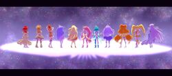Rule 34 | 6+girls, absurdres, ahoge, arms behind back, arms behind head, back bow, big hair, bike shorts, blonde hair, boots, bow, brown hair, choker, closed mouth, cropped shirt, cure bright, cure fortune, cure milky, cure moonlight, cure selene, cure soleil, cure star, cure sunny, cure sunshine, cure twinkle, dress, earrings, facing away, feather hair ornament, feathers, futari wa precure splash star, go! princess precure, green dress, green hair, hair ornament, hand on own hip, happinesscharge precure!, heartcatch precure!, high heel boots, high heels, highres, hoop earrings, hyuuga saki, in-franchise crossover, interlocked fingers, jewelry, juliet sleeves, kiryuu michiru, knee boots, leg warmers, letterboxed, long dress, long hair, long sleeves, looking at viewer, looking back, low-tied long hair, low twintails, magical girl, medium dress, medium hair, midriff, multiple girls, orange dress, orange hair, own hands together, pink choker, pink dress, pink footwear, pink hair, precure, puffy short sleeves, puffy sleeves, purple dress, purple hair, purple skirt, red hair, satsukizuki (siwasuduki128), in-franchise crossover, short dress, short sleeves, shorts under dress, single leg pantyhose, skirt, smile, smile precure!, space, standing, star (sky), star (symbol), star hair ornament, star twinkle precure, thigh boots, trait connection, twintails, two side up, v arms, very long hair, white footwear, white skirt, wind, yellow bow, yellow dress