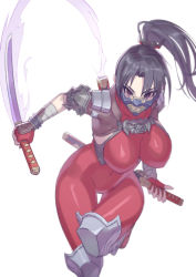 Rule 34 | 1girl, arm guards, armor, bad id, bad pixiv id, bandaged arm, bandages, black hair, bodysuit, breasts, covered erect nipples, covered navel, hair ornament, hair stick, high ponytail, highres, holding, holding sword, holding weapon, kodachi, large breasts, namco, ninja, parted bangs, purple eyes, red bodysuit, reverse grip, short sword, shoulder armor, skin tight, soul calibur, soulcalibur, soulcalibur vi, sword, taki (soulcalibur), thigh gap, thighs, weapon, yagi2013