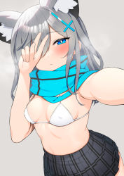 Rule 34 | 1girl, absurdres, animal ear fluff, animal ears, armpits, bare arms, bare shoulders, black skirt, blue archive, blue eyes, blush, bra, breasts, bright pupils, closed mouth, covering one eye, cowboy shot, covered erect nipples, extra ears, foreshortening, fox ears, grey background, grey hair, hair between eyes, hair ornament, hairclip, half-closed eyes, hand up, heavy breathing, highres, long hair, looking at viewer, miniskirt, outstretched arm, plaid, plaid skirt, pleated skirt, pyz (cath x tech), scarf, selfie, shiroko (blue archive), sidelocks, simple background, skirt, small breasts, solo, stomach, string bra, underwear, v, white bra, x hair ornament
