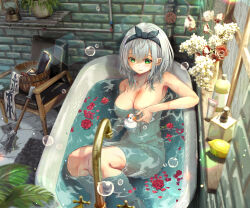 Rule 34 | 1girl, :&gt;, absurdres, annmitsu114, bathing, bathtub, breasts, brick wall, cleavage, commentary request, commentary typo, completely nude, flower, food, fruit, green eyes, grey hair, hair between eyes, highres, hololive, indoors, large breasts, lemon, lens flare, mace, medium hair, mole, mole on breast, navel, nude, partially submerged, petals, petals on liquid, plant, potted plant, rose petals, shirogane noel, smile, soap bubbles, solo, subaru duck, tile floor, tiles, unworn clothes, virtual youtuber, water, water drop, weapon, window