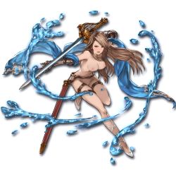 Rule 34 | &gt;:o, 10s, 1girl, :o, armor, belt, breasts, brown hair, buckle, cleavage, cygames, earrings, fighting stance, full body, gauntlets, granblue fantasy, grey hair, high heels, holding, holding weapon, jewelry, katalina (granblue fantasy), long hair, long legs, looking at viewer, minaba hideo, nipples, official art, open mouth, over shoulder, red eyes, scabbard, shawl, sheath, shoes, solo, standing, sword, thigh strap, transparent background, v-shaped eyebrows, water, weapon, weapon over shoulder