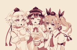 Rule 34 | 3girls, beige background, black hair, blush, detached sleeves, feeding, fingerless gloves, food, gloves, hand on another&#039;s shoulder, hand up, hat, highres, himekaidou hatate, holding, holding spoon, inubashiri momiji, long sleeves, looking at another, monochrome, multiple girls, natsushiro, necktie, one eye closed, open mouth, pinky out, pointing, pointing at self, pointy ears, pom pom (clothes), shameimaru aya, shaved ice, shirt, short hair, short sleeves, simple background, spoon, sweatdrop, tokin hat, touhou, twintails, upper body, white hair, white shirt