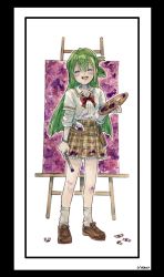 Rule 34 | 1girl, :d, alina gray, arm at side, belt pouch, black border, blunt ends, blush, border, bow, bowtie, brown footwear, brown skirt, buttons, canvas (object), dot nose, easel, closed eyes, green hair, hair between eyes, hair rings, highres, holding, holding brush, holding paintbrush, holding palette, loafers, long hair, magia record: mahou shoujo madoka magica gaiden, mahou shoujo madoka magica, miniskirt, open mouth, outline, paint on body, paint on clothes, paint tube, paintbrush, palette (object), plaid, plaid skirt, pleated skirt, pouch, red bow, red bowtie, sakae general school uniform, school uniform, shirt, shoes, sidelocks, signature, skirt, sleeves rolled up, smile, socks, solo, teeth, upper teeth only, uwded 207, very long hair, white background, white outline, white shirt, white socks, wing collar, wristband
