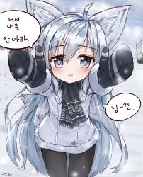 Rule 34 | 1girl, :o, absurdres, ahoge, animal ear fluff, animal ears, black mittens, black pantyhose, black scarf, blade &amp; soul, blush, capelet, coat, commentary request, day, fox ears, fringe trim, fur-trimmed sleeves, fur trim, grey capelet, grey coat, grey eyes, hair between eyes, highres, korean text, long hair, looking at viewer, lyn (blade &amp; soul), mittens, outdoors, outstretched arms, pantyhose, parted lips, reaching, reaching towards viewer, scarf, signature, silver hair, snow, solo, tandohark, very long hair, winter clothes, winter coat
