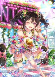 Rule 34 | 1girl, absurdres, bare shoulders, black hair, blush, bow, concert, female focus, flower, flower skirt, hair flower, hair ornament, highres, holding, holding microphone, jewelry, kam (kkying2008), light, love live!, love live! school idol project, microphone, multicolored clothes, multicolored skirt, one eye closed, red bow, red eyes, skirt, solo, splashing, stage, twintails, v, water, yazawa nico