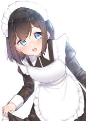 Rule 34 | 1girl, :d, apron, backlighting, black dress, black hair, blue eyes, blush, collared dress, commentary request, dress, frilled apron, frills, highres, juliet sleeves, leaning to the side, long sleeves, looking at viewer, maid, maid apron, maid headdress, open mouth, original, puffy sleeves, simple background, skirt hold, smile, solo, suzunari shizuku, white apron, white background, yuki arare