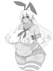 Rule 34 | 10s, 1girl, absurdres, bare shoulders, belly, blush, breasts, covered erect nipples, fat, gigantic breasts, hair ribbon, highres, kantai collection, long hair, looking at viewer, open mouth, ribbon, shimakaze (kancolle), smile, solo, sweat, tensai427, thick thighs, thighhighs, thighs, underboob, wide hips