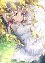 Rule 34 | 1girl, arm up, armpits, artist name, blunt bangs, blush, breasts, brown eyes, closed mouth, collarbone, commentary, dappled sunlight, day, dress, from side, futaba anzu, hair ribbon, idolmaster, idolmaster cinderella girls, knees up, long hair, looking at viewer, looking to the side, low twintails, lying, on back, outdoors, pink ribbon, ribbon, roang, sleeveless, sleeveless dress, small breasts, smile, solo, stairs, sunlight, symbol-only commentary, tareme, twintails, white dress