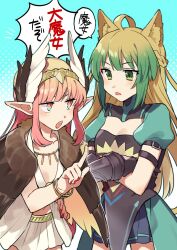 Rule 34 | 2girls, animal ears, arm belt, atalanta (fate), bangle, black gloves, blonde hair, bracelet, braid, breasts, brown wings, circe (fate), cowboy shot, crossed arms, dress, fate/grand order, fate (series), feather hair ornament, feathers, gloves, gold trim, green dress, green eyes, green hair, hair ornament, hand on own hip, highres, index finger raised, jewelry, large wings, light blush, looking at another, multiple girls, pink eyes, pink hair, pointy ears, ponpoko, red nails, simple background, small breasts, speech bubble, tail, talking, translation request, two-tone eyes, white dress, wings