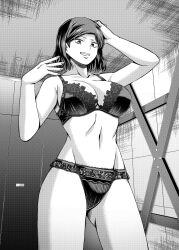 Rule 34 | 1girl, absurdres, arms up, bare arms, bare legs, bare shoulders, bdsm, bikini, black hair, bondage, bound, breasts, cleavage, femdom, greyscale, highres, indoors, large breasts, monochrome, original, short hair, solo, stomach, swimsuit, underwear, yamakeitokokoro
