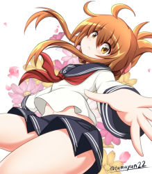 Rule 34 | 1girl, :&lt;, ahoge, anchor symbol, bare legs, blush, brown eyes, brown hair, commentary request, dutch angle, floral background, folded ponytail, hair between eyes, hair ornament, hairclip, inazuma (kancolle), kantai collection, looking at viewer, navel, neckerchief, school uniform, serafuku, sidelocks, skirt, solo, tamayan, thighs