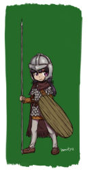 Rule 34 | 1girl, armor, black hair, cape, full body, helmet, holding, holding polearm, holding shield, holding spear, holding weapon, muutya, original, polearm, purple eyes, scale armor, shield, signature, simple background, solo, spear, twintails, weapon