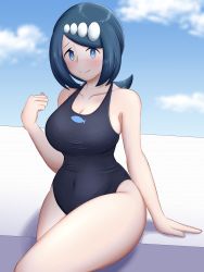 Rule 34 | 1girl, absurdres, blue eyes, blue hair, blue sky, blurry, blurry background, blush, breasts, cleavage, creatures (company), day, female focus, game freak, hair ornament, highres, kiteman442, lana&#039;s mother (pokemon), large breasts, crossed legs, looking at viewer, medium hair, nintendo, one-piece swimsuit, outdoors, pokemon, pokemon (anime), pokemon sm (anime), sitting, sky, smile, solo, swimsuit