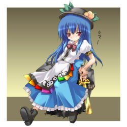 Rule 34 | 1girl, apron, black footwear, black hat, blouse, blue bow, blue dress, blue hair, boots, bored, bow, bowtie, buttons, closed mouth, crack, cross-laced footwear, dress, dress shirt, energy, female focus, food, frills, fruit, full body, gradient background, hat, hinanawi tenshi, keystone, leaf, long hair, looking down, peach, puffy short sleeves, puffy sleeves, rainbow order, red bow, red eyes, rock, rope, shide, shimenawa, shirt, shoes, short sleeves, sitting, solo, sword, sword of hisou, touhou, weapon, white shirt, wing collar