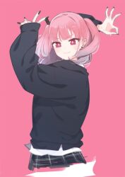 Rule 34 | 1girl, abae, arms up, black cardigan, blush, bright pupils, cardigan, commentary, cropped legs, earrings, highres, jewelry, long sleeves, looking at viewer, medium hair, original, pink background, pink eyes, pink hair, simple background, smile, solo, stud earrings, sweatdrop, symbol-only commentary, two side up, upper body, usami iori, white pupils