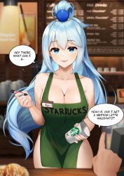 Rule 34 | 1girl, :d, apron, aqua (konosuba), artist name, badge, beads, blue eyes, blue hair, blurry, blurry background, blurry foreground, breasts, character name, cinnamon roll, cleavage, clothes writing, collarbone, commentary, cowboy shot, cup, depth of field, disposable cup, english commentary, english text, green apron, hair beads, hair between eyes, hair ornament, highres, holding, holding cup, holding marker, iced latte with breast milk (meme), kono subarashii sekai ni shukufuku wo!, large breasts, long hair, looking at viewer, marker, meme, menu board, naked apron, name tag, open mouth, pov, pov hands, sasoura, smile, solo focus, speech bubble, starbucks, very long hair