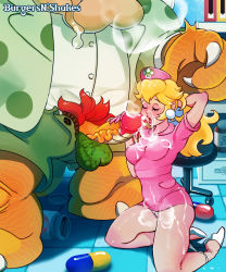 Rule 34 | 1-up mushroom, 1boy, 1girl, absurdres, arm behind head, artist name, blonde hair, blouse, bottomless, bowser, breasts, breath, burgersnshakes, chair, claws, closed eyes, coat, cum, cum on body, cum on breasts, cum on clothes, cum on upper body, dr. mario (game), dress, dress shirt, drooling, earrings, erection, eyelashes, facial, green coat, green shorts, hat, head out of frame, high heels, highres, indoors, jewelry, kneeling, large penis, large testicles, lips, long hair, male pubic hair, mario (series), medicine bottle, nintendo, nose, nurse, nurse cap, office chair, open fly, open mouth, panties, panties around ankles, panty pull, penis, penis grab, pill, pink dress, pink headwear, pink lips, princess peach, print headwear, pubic hair, pussy, shadow, shirt, short sleeves, shorts, standing, swivel chair, testicles, underwear, veins, veiny penis, white footwear, white shirt, zipper
