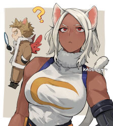 Rule 34 | 1boy, 1girl, :&lt;, ?, animal ears, bare shoulders, black footwear, black gloves, blonde hair, boku no hero academia, border, breasts, brown jacket, brown pants, cat ears, cat girl, cat tail, covered collarbone, crescent print, dark-skinned female, dark skin, fur collar, gloves, hand in pocket, hawks (boku no hero academia), holding, holding mirror, jacket, kadeart, large breasts, leotard, long eyelashes, looking at mirror, mechanical arms, mirko, mirror, pants, parted bangs, red eyes, red wings, short hair, single mechanical arm, sleeveless turtleneck leotard, solo focus, spiked hair, tail, taut leotard, toned, triangle mouth, upper body, white border, white hair, white leotard, wings