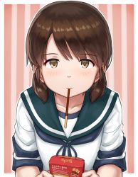 Rule 34 | 1girl, blush, border, brown eyes, brown hair, candy, chocolate, collarbone, collared shirt, food, food in mouth, hayashi naoharu, highres, holding, holding food, kantai collection, looking at viewer, low twintails, mouth hold, neckerchief, parted bangs, pink background, pocky, pocky day, pocky kiss, school uniform, serafuku, shared food, shirayuki (kancolle), shirt, short sleeves, short twintails, solo, striped, striped background, twintails, white border