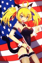 Rule 34 | 1girl, :d, ahoge, american flag, animal ears, blonde hair, blue eyes, blush, breasts, cat ears, cat tail, detached collar, fang, fingernails, fishnets, flag, frilled thighhighs, frills, hair ribbon, hairband, highres, kittysuit, large breasts, leotard, nontraditional playboy bunny, open mouth, original, petite, ribbon, smile, solo, star (symbol), tail, tanashi (mk2), thighhighs, twintails