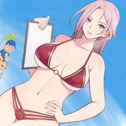 Rule 34 | 1boy, 1girl, bikini, black hair, breasts, cleavage, dead or alive, dead or alive xtreme venus vacation, elise (doa), green eyes, hat, konishiki (52siki), large breasts, long hair, pink hair, short hair, sitting, swimsuit, tagme