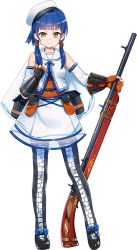 Rule 34 | 1girl, antique firearm, arm warmers, beret, black footwear, blue bow, blue hair, blunt bangs, bow, capelet, closed mouth, detached sleeves, expressionless, firearm, firelock, flintlock, full body, gloves, gun, hat, holding, holding gun, holding weapon, imai hiyoko, looking at viewer, mary janes, nakatsu (oshiro project), official art, oshiro project:re, partially fingerless gloves, shoes, short hair, skirt, solo, standing, thighhighs, transparent background, twintails, weapon, white skirt, yellow eyes