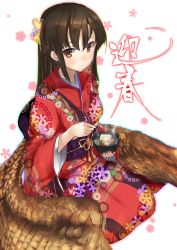 Rule 34 | 1girl, blurry, blurry background, blush, bowl, breasts, brown eyes, brown hair, chopsticks, closed mouth, floral background, floral print, food, hair between eyes, hair ornament, happy new year, holding, holding bowl, holding chopsticks, japanese clothes, kimono, long hair, looking at viewer, low wings, magu (mugsfc), matching hair/eyes, medium breasts, new year, obi, oden, original, red kimono, sash, seiza, sitting, smile, solo, white background, wings, zouni soup