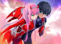 Rule 34 | 10s, 1boy, 1girl, aqua eyes, black hair, blood, blood on face, bodysuit, breasts, darling in the franxx, eyeshadow, hairband, hiro (darling in the franxx), horns, long hair, looking at another, makeup, medium breasts, pilot suit, pink hair, red bodysuit, shirotsumekusa, straight hair, white hairband, zero two (darling in the franxx)