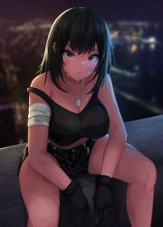 Rule 34 | 1girl, baguette (baguettech), bandaged arm, bandages, black gloves, black hair, black shorts, blurry, blurry background, breasts, brown eyes, cleavage, commentary, english commentary, gloves, highres, jewelry, large breasts, long hair, looking at viewer, midriff, necklace, night, original, short shorts, shorts, sitting, sleeveless, solo, sweat