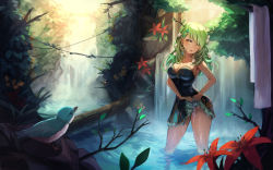 Rule 34 | 1girl, absurdres, bare arms, bird, bird request, black dress, braid, braided bangs, breasts, ceres fauna, cleavage, day, dress, flower, forest, green hair, hair flower, hair ornament, hakusyokuto, highres, hololive, hololive english, large breasts, leaf, long hair, looking at viewer, nature, open mouth, outdoors, red flower, short dress, single braid, sleeveless, sleeveless dress, solo, standing, strapless, strapless dress, sunlight, towel, tree, virtual youtuber, water, waterfall, wet, wringing clothes, yellow eyes