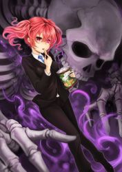Rule 34 | 10s, 1girl, chips (food), eating, food, formal, highres, holding, inu x boku ss, ks (xephyrks), looking at viewer, necktie, open mouth, pink hair, potato chips, purple eyes, roromiya karuta, skeleton, snack, solo, suit, twintails