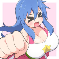 Rule 34 | &gt; &lt;, 1girl, :3, alternate breast size, bare shoulders, blue hair, border, breasts, cheerleader, cleavage, clenched hand, closed eyes, collarbone, cowboy shot, dress, floating hair, foreshortening, hair between eyes, hand up, huge breasts, izumi konata, light blush, long hair, lucky star, open mouth, outside border, outstretched arm, pink background, pleated dress, shirogane hakuba, sidelocks, simple background, smile, solo, straight hair, v-shaped eyebrows, white border