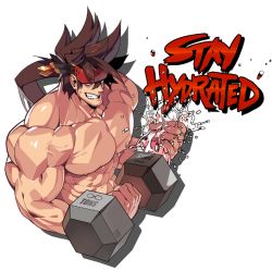 Rule 34 | 1boy, abs, bara, bare pectorals, biceps, brown hair, dumbbell, flexing, guilty gear, headband, large pectorals, long hair, male focus, muscular, muscular male, na insoo, nipples, pectorals, smile, sol badguy, spiked hair, text focus, topless male, water
