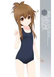 Rule 34 | 1girl, artist name, black one-piece swimsuit, brown eyes, brown hair, character name, collarbone, commentary request, cowboy shot, eyes visible through hair, flat chest, folded ponytail, hair between eyes, highres, inaba shiki, inazuma (kancolle), kantai collection, long hair, looking at viewer, new school swimsuit, one-hour drawing challenge, one-piece swimsuit, school swimsuit, simple background, smile, solo, standing, swimsuit, white background