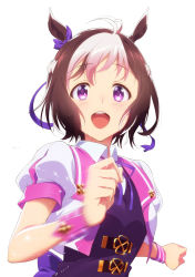 Rule 34 | 1girl, absurdres, animal ears, brown hair, hair ribbon, highres, horse ears, horse girl, looking at viewer, multicolored hair, official art, open mouth, portrait, puffy short sleeves, puffy sleeves, purple eyes, ribbon, short hair, short sleeves, solo, special week (umamusume), sweat, two-tone hair, umamusume, upper body, white background