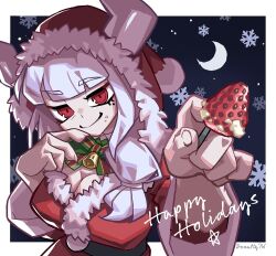 Rule 34 | 1girl, bell, belt, border, bow, breasts, christmas, cleavage, crescent, demon, demon girl, demon horns, donuttypd, fluff, food, fruit, hand up, happy holidays, helltaker, holding, holding food, holding fruit, hood, horns, icing, jingle bell, large breasts, long hair, looking at viewer, lucifer (helltaker), mole, moon, night, outside border, red eyes, red hood, signature, smile, snowflakes, solo, strawberry, white border, white hair, white horns