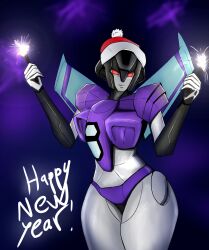 Rule 34 | 1girl, azzertyimages, colored skin, grey skin, happy new year, helmet, highres, humanoid robot, mechanical wings, new year, panties, purple panties, red eyes, robot, robot girl, science fiction, slipstream (transformers), solo, thick thighs, thighs, transformers, underwear, wings